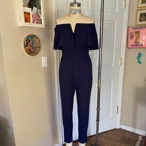 DYNAMITE Navy Cape Off-Shoulder MOD Skinny Leg ROMPER Jumpsuit *X-SMALL*